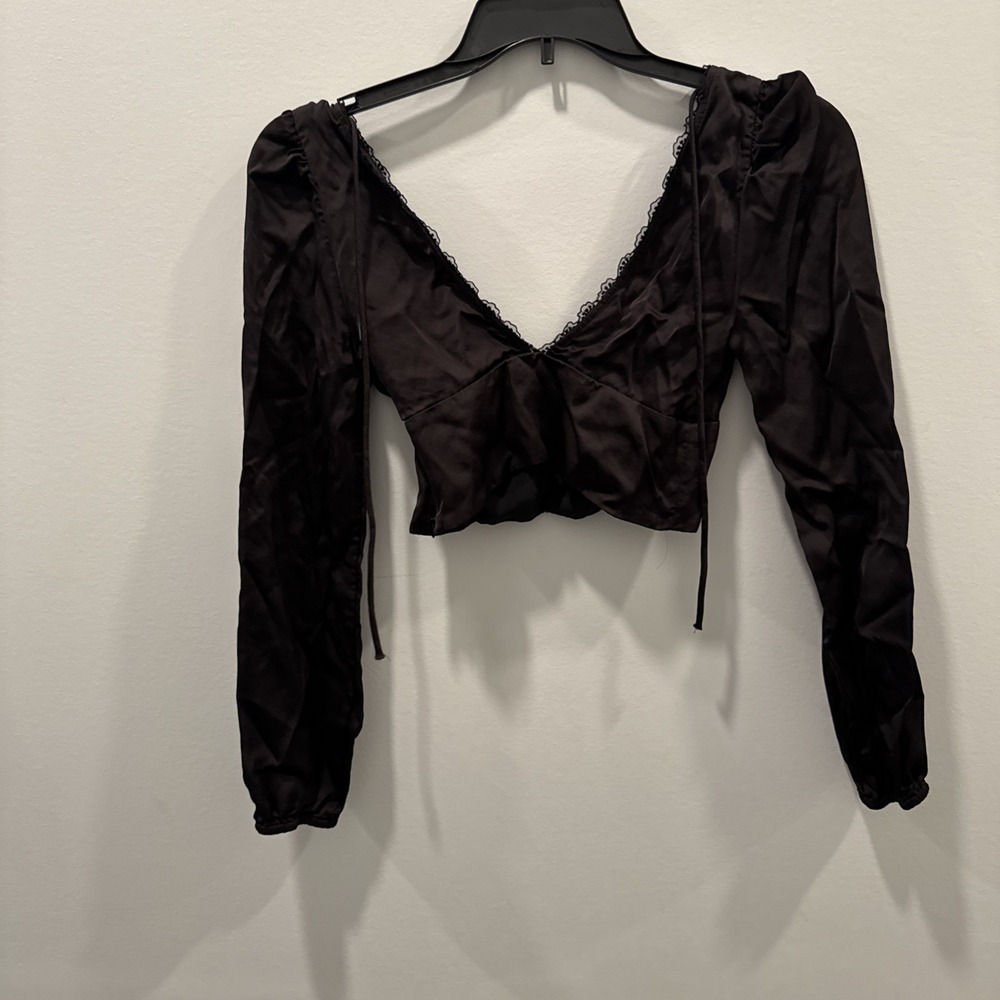 ZARA Black Crop Blouse Size Large Puffy Sleeve Stretch Women Going Out New W/Tag - Picture 3 of 4